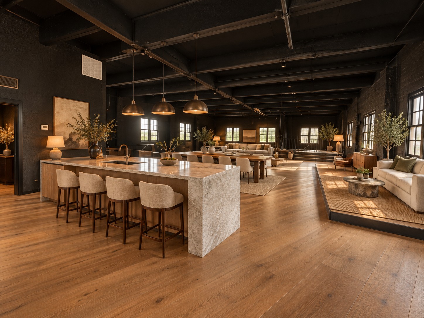Conceptual penthouse living space inspired by the building’s industrial upper floor