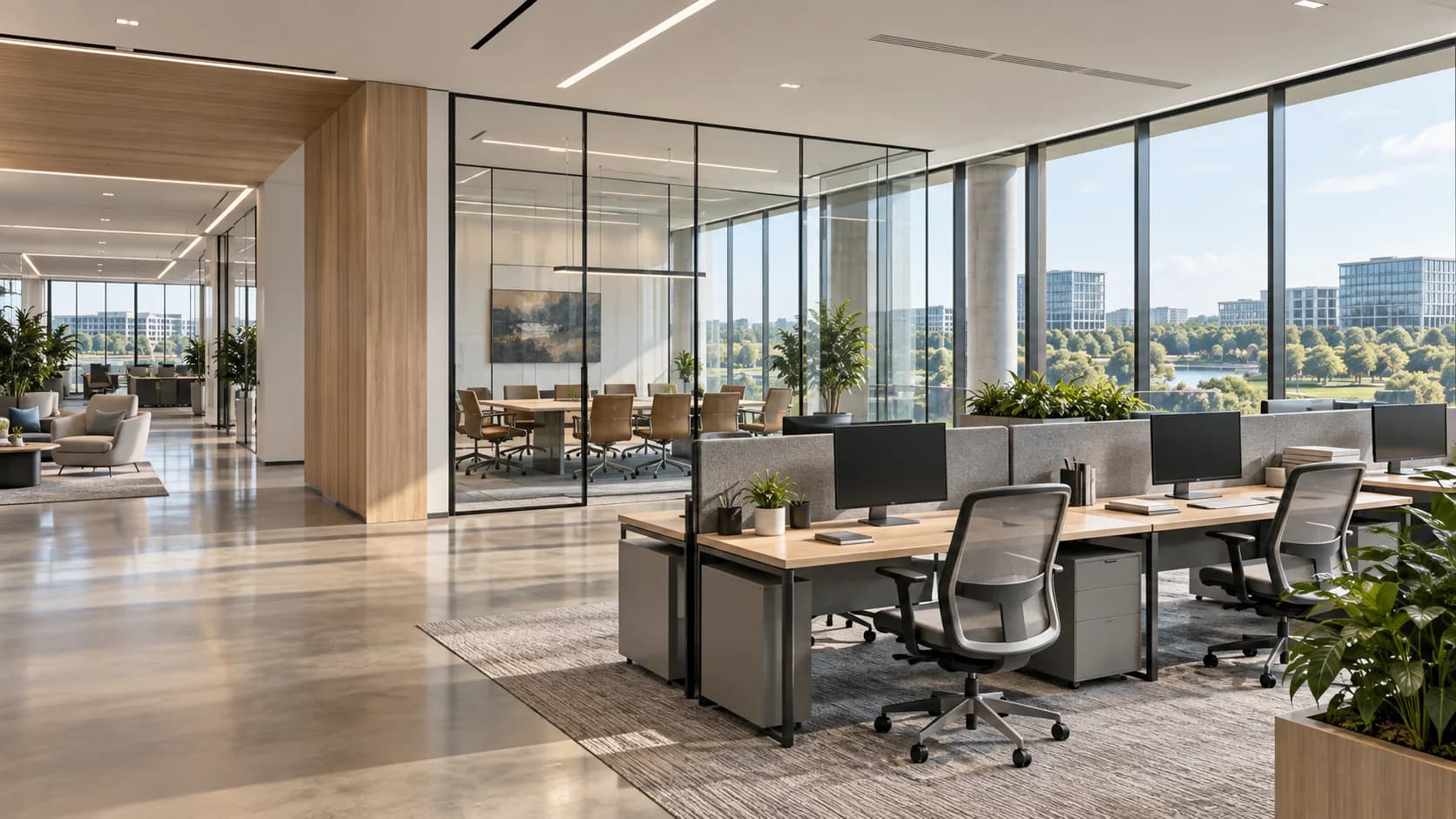 Ilustración de oficinas corporativas modernas con puestos de trabajo, salas acristaladas y vistas al campus