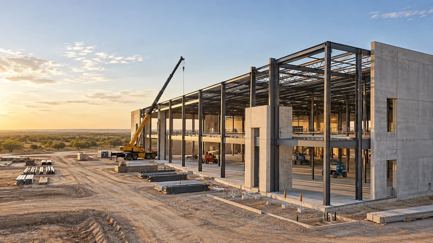 Ilustración de un desarrollo comercial en construcción, con estructura de acero y una grúa