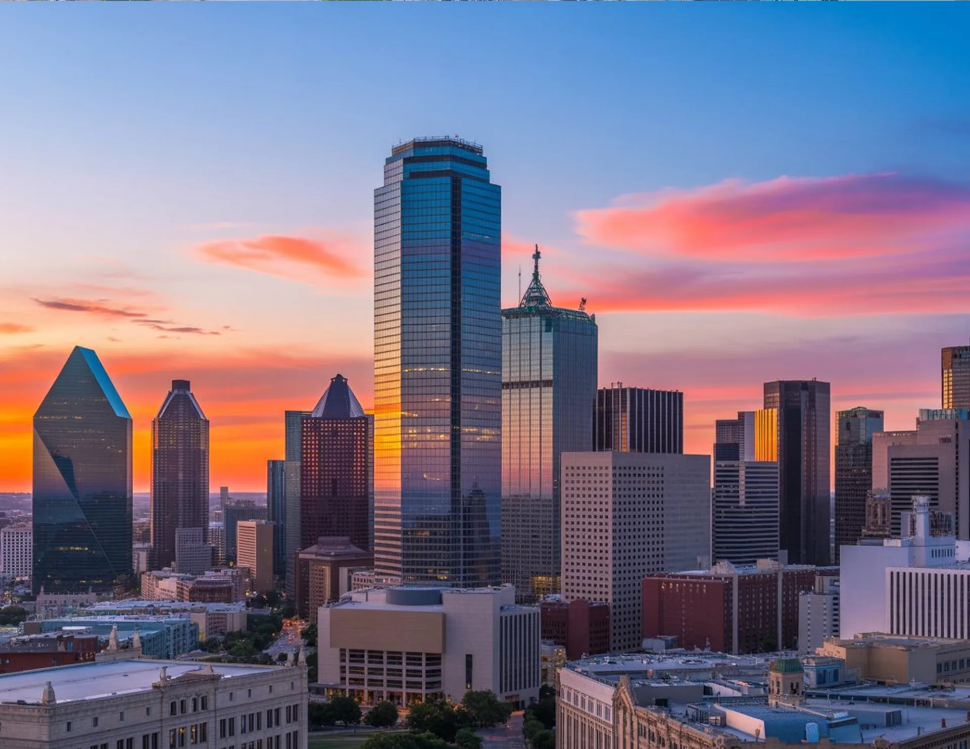 Dallas commercial skyline at sunset